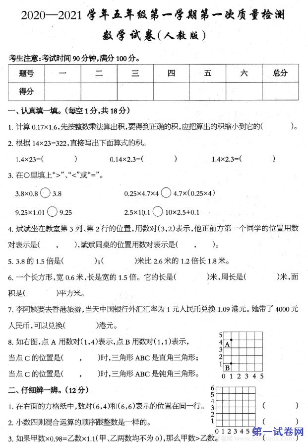 2020-2021学年五年级数学第一学期第一次整理检测试卷